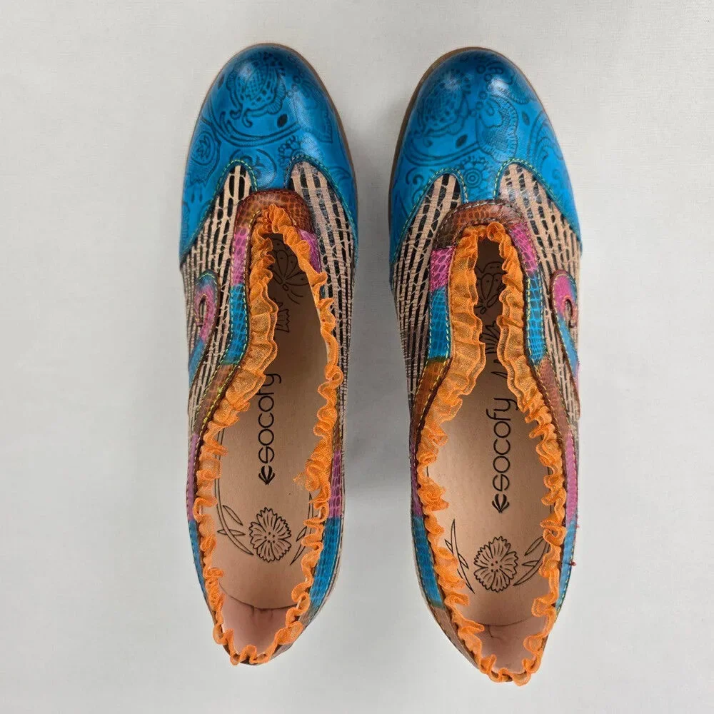 Socofy Blue & Orange Leather Ruffle Booties Size 6.5 - Picture 3 of 9